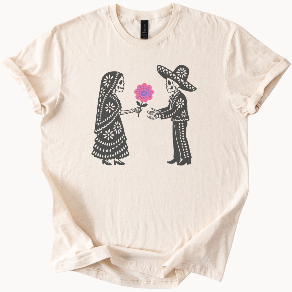 Skeleton Lovers Exchanging a Flower Day of the Dead Tee